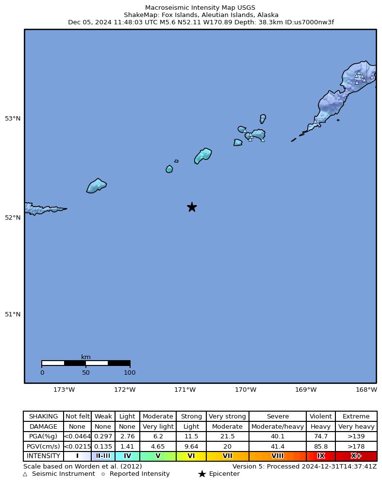 USGS ShakeMap intensity contours for the M5.6 earthquake near 165 km SW of Nikolski, Alaska