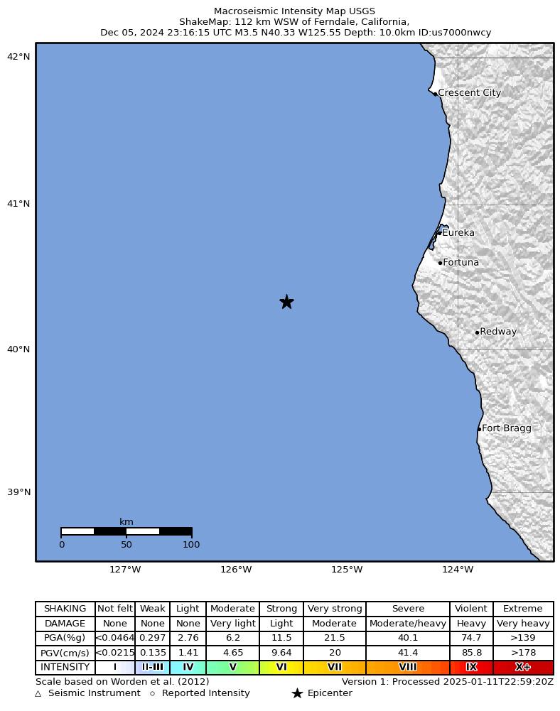 USGS ShakeMap intensity contours for the M3.4 earthquake near 54 km WNW of Petrolia, CA