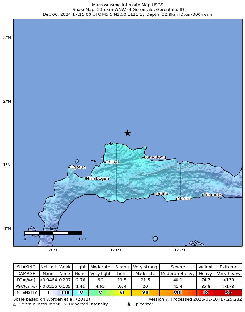 USGS ShakeMap intensity contours for the M5.5 earthquake near 235 km WNW of Gorontalo, Indonesia