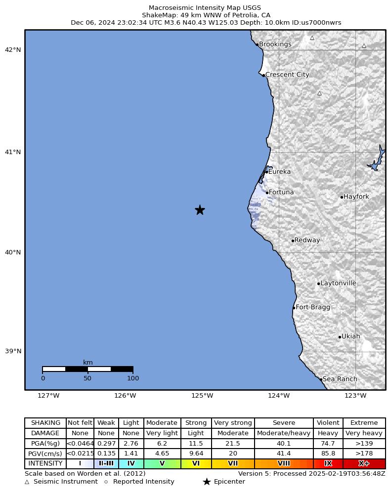 USGS ShakeMap intensity contours for the M3.6 earthquake near 49 km WNW of Petrolia, CA
