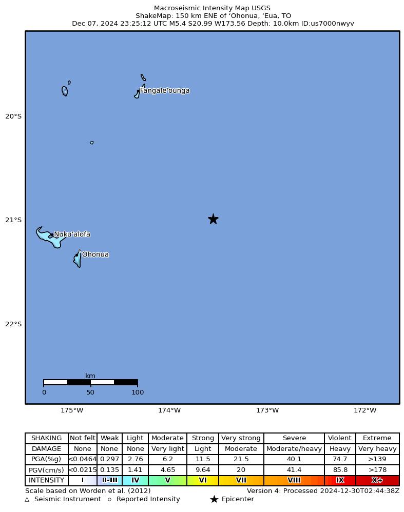 USGS ShakeMap intensity contours for the M5.4 earthquake near 150 km ENE of ‘Ohonua, Tonga