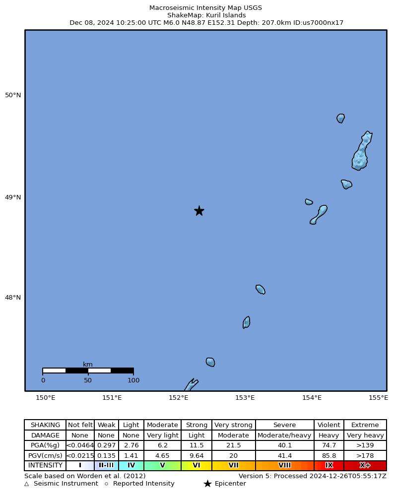 USGS ShakeMap intensity contours for the M6.0 earthquake near Kuril Islands