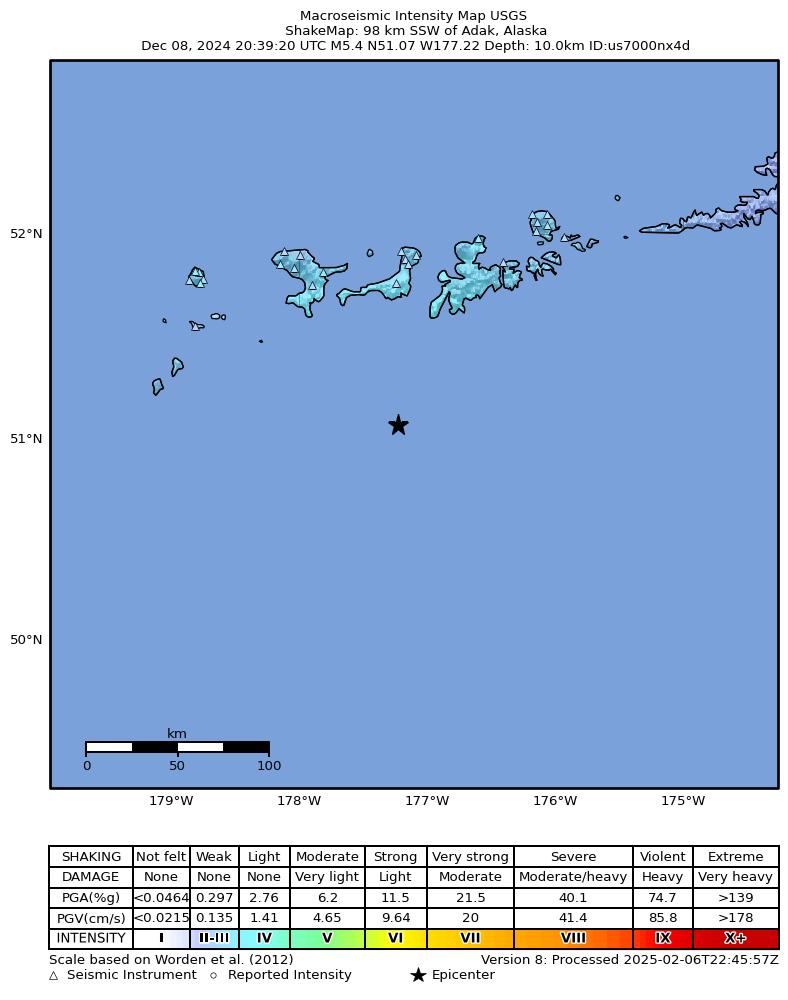 USGS ShakeMap intensity contours for the M5.4 earthquake near 98 km SSW of Adak, Alaska