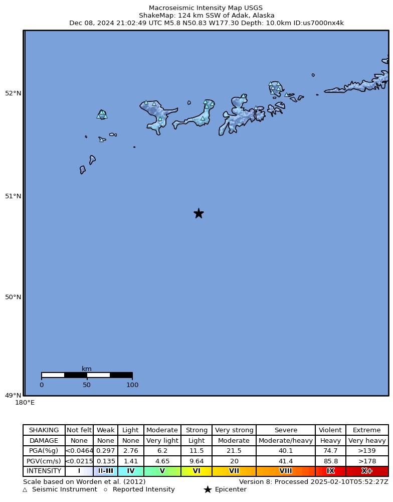 USGS ShakeMap intensity contours for the M5.8 earthquake near 124 km SSW of Adak, Alaska