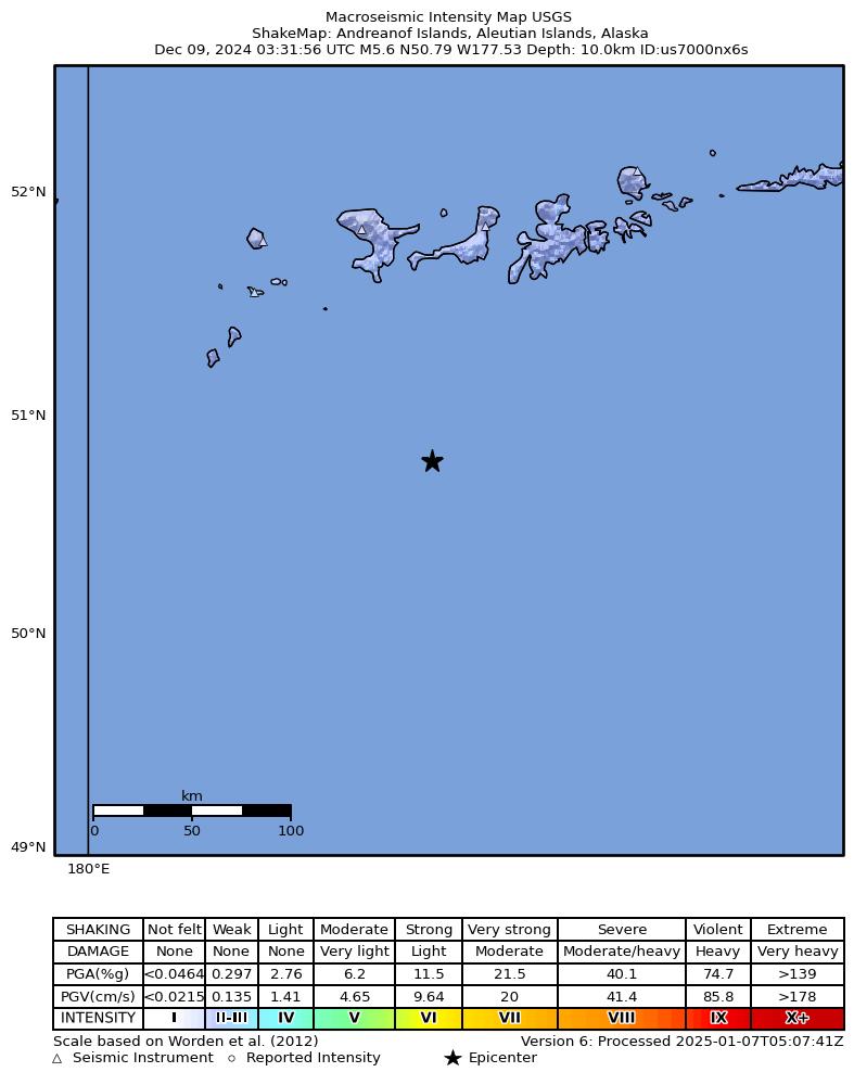 USGS ShakeMap intensity contours for the M5.6 earthquake near 135 km SSW of Adak, Alaska