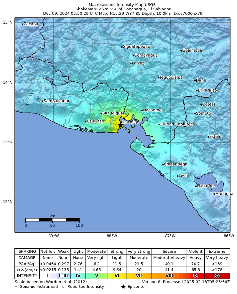 USGS ShakeMap intensity contours for the M5.6 earthquake near 2 km SSE of Conchagua, El Salvador