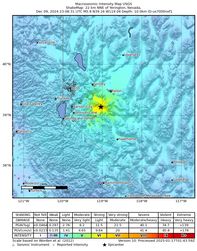 USGS ShakeMap intensity contours for the M5.7 earthquake near 2024 Parker Butte, Nevada Earthquake