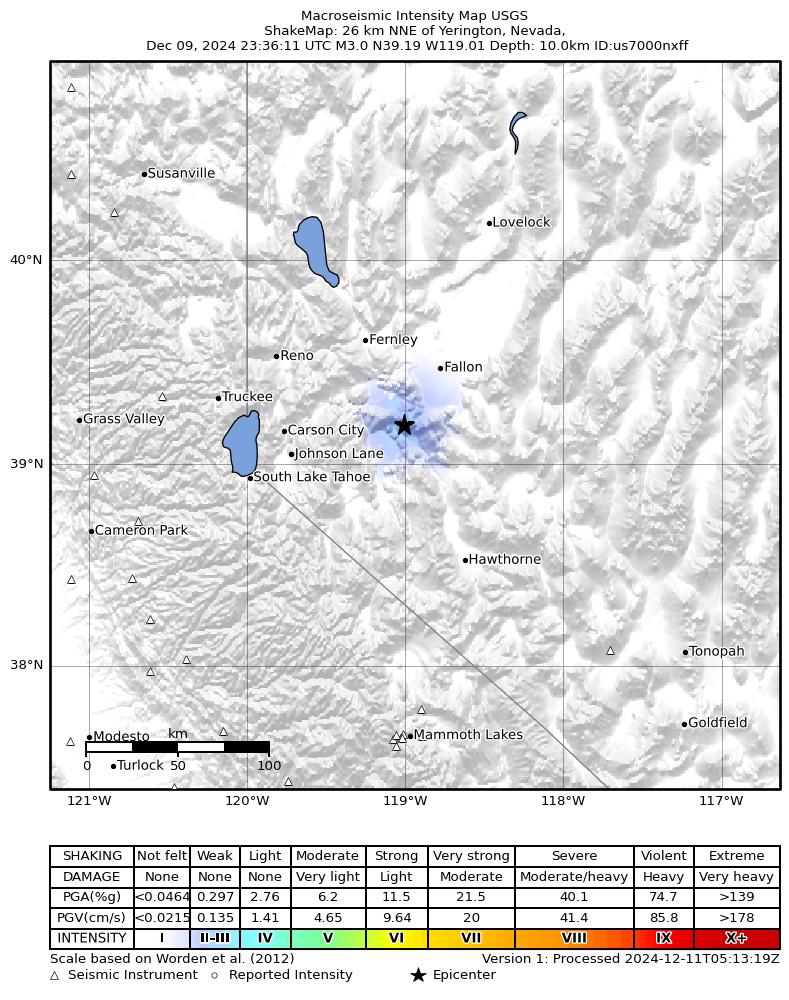 USGS ShakeMap intensity contours for the M3.2 earthquake near 24 km NNE of Yerington, Nevada