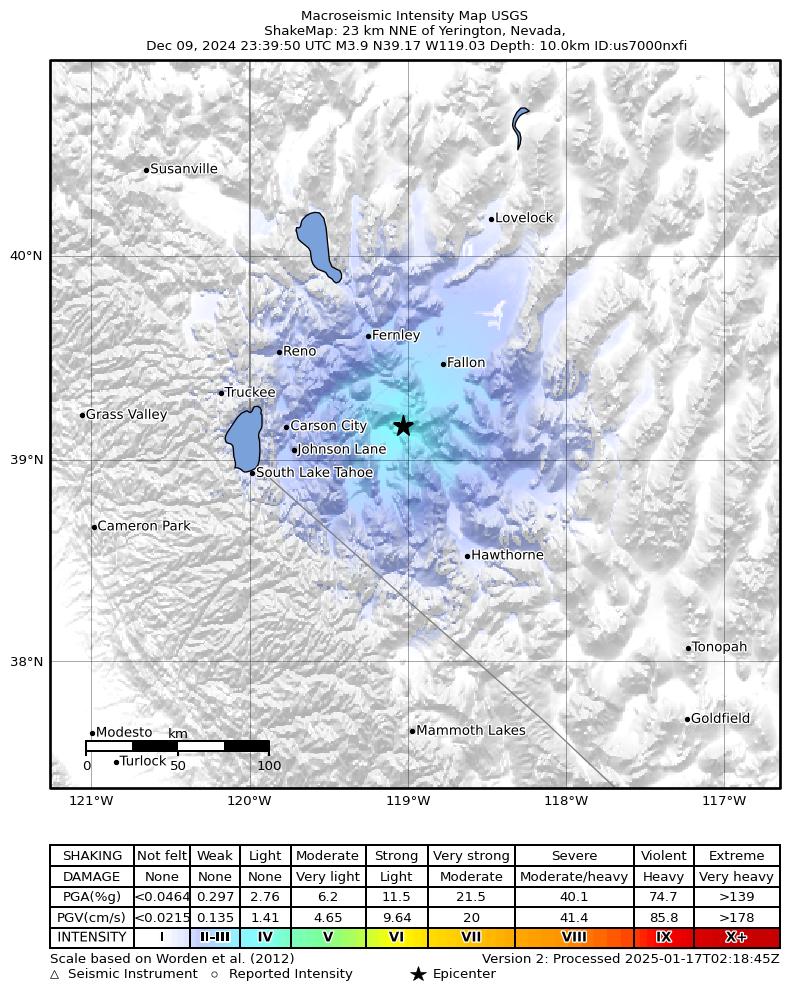 USGS ShakeMap intensity contours for the M3.6 earthquake near 23 km NNE of Yerington, Nevada