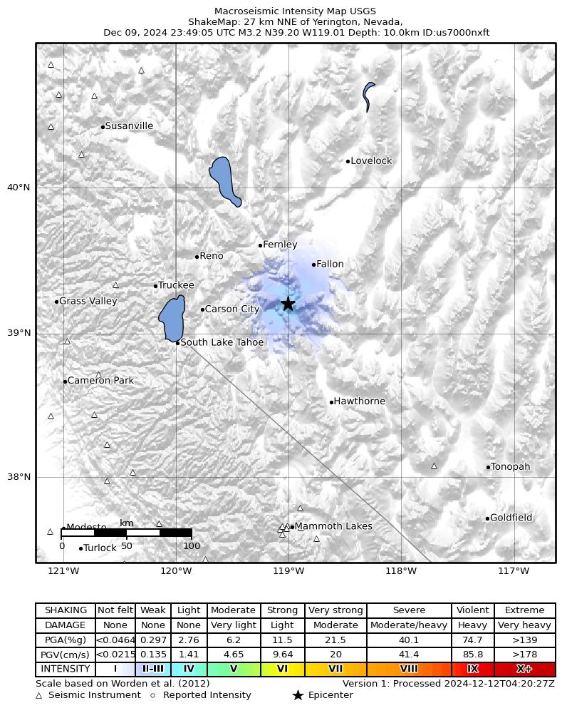 USGS ShakeMap intensity contours for the M3.3 earthquake near 24 km NNE of Yerington, Nevada