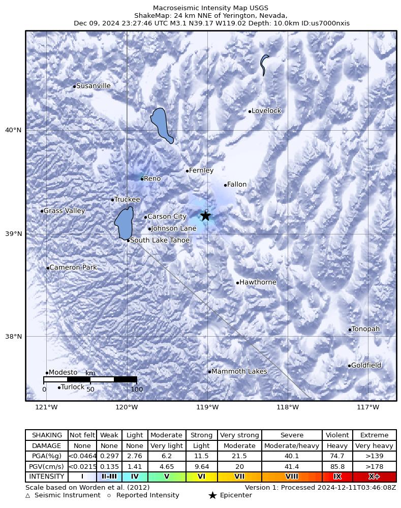 USGS ShakeMap intensity contours for the M3.1 earthquake near 24 km NNE of Yerington, Nevada
