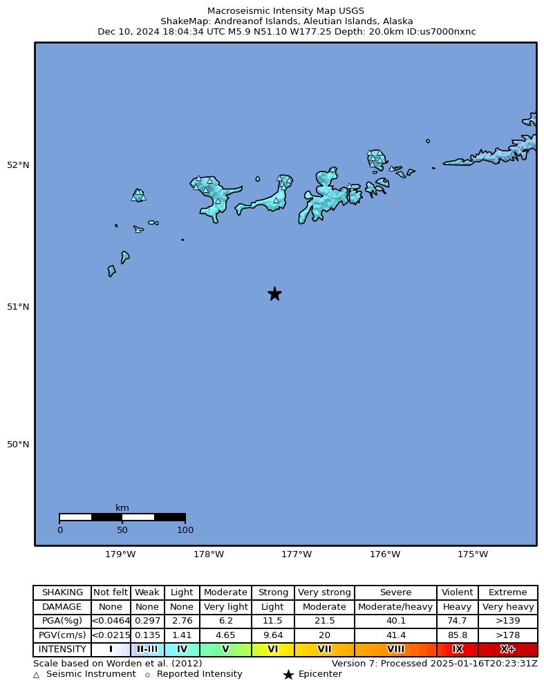 USGS ShakeMap intensity contours for the M5.9 earthquake near 96 km SSW of Adak, Alaska