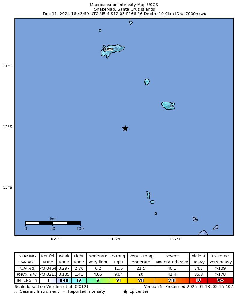 USGS ShakeMap intensity contours for the M5.4 earthquake near 149 km SSE of Lata, Solomon Islands