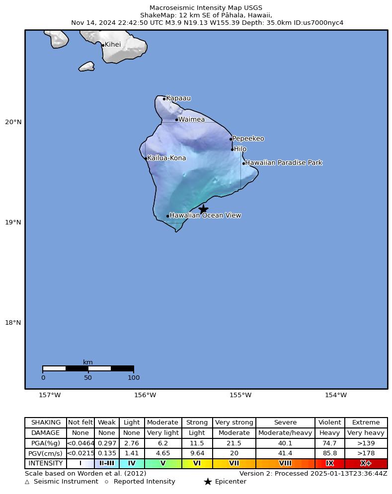USGS ShakeMap intensity contours for the M3.8 earthquake near 19 km SE of Pāhala, Hawaii