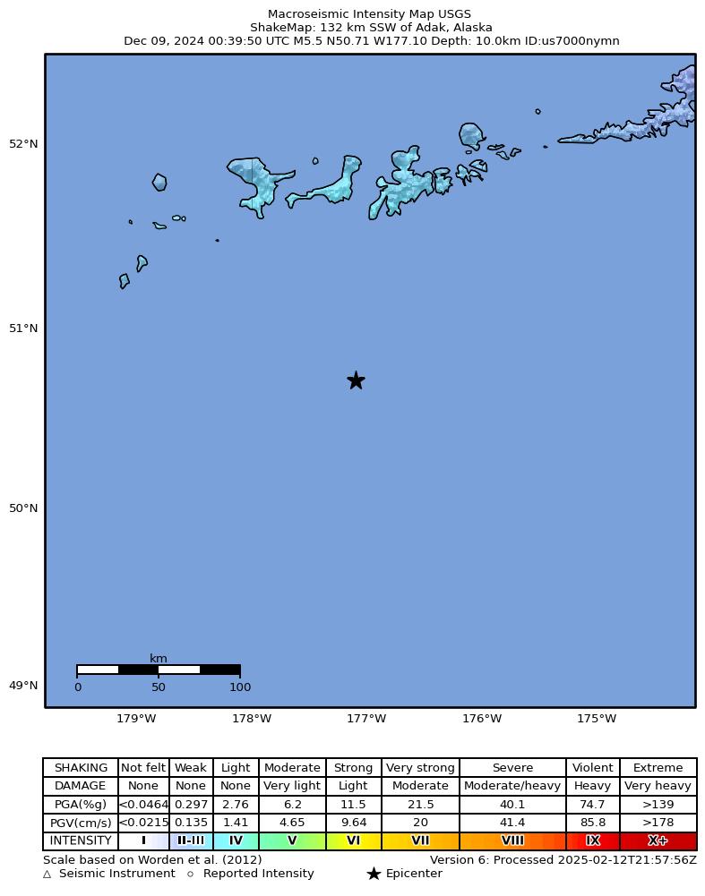 USGS ShakeMap intensity contours for the M5.5 earthquake near 132 km SSW of Adak, Alaska