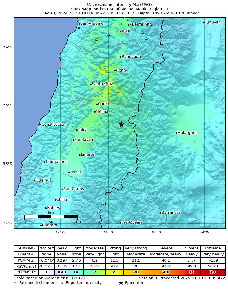 USGS ShakeMap intensity contours for the M6.4 earthquake near 56 km ESE of Molina, Chile