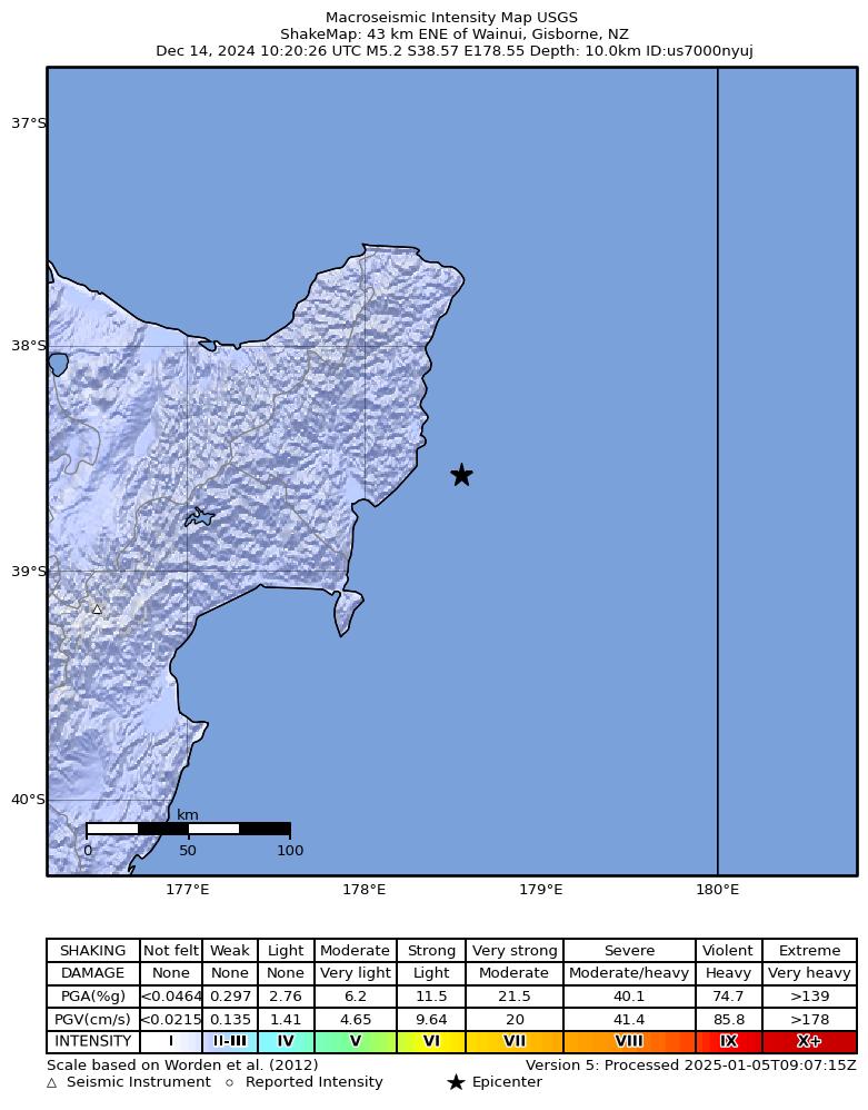 USGS ShakeMap intensity contours for the M5.2 earthquake near 43 km ENE of Wainui, New Zealand