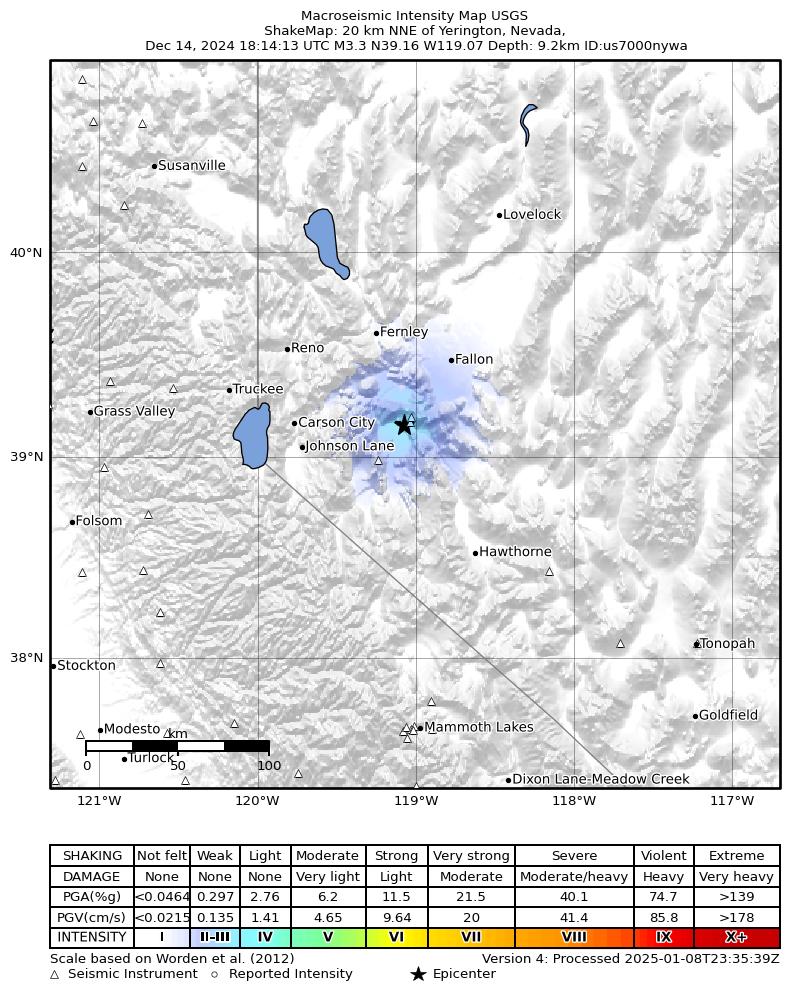 USGS ShakeMap intensity contours for the M3.4 earthquake near 20 km NNE of Yerington, Nevada