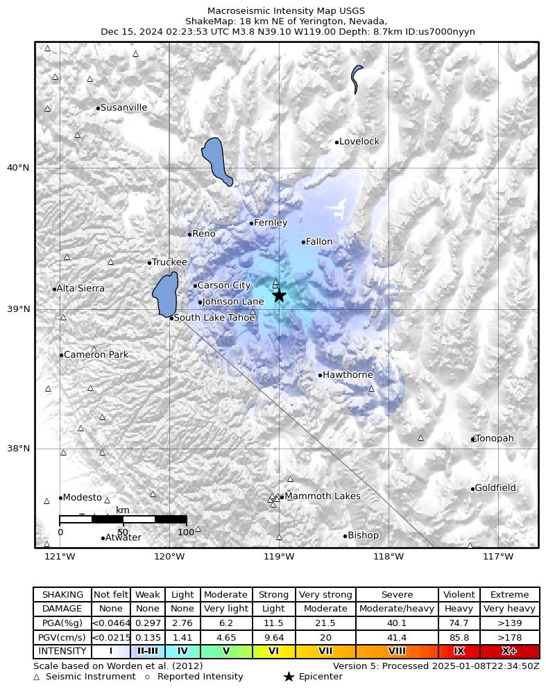 USGS ShakeMap: estimated shaking intensity around the epicenter
