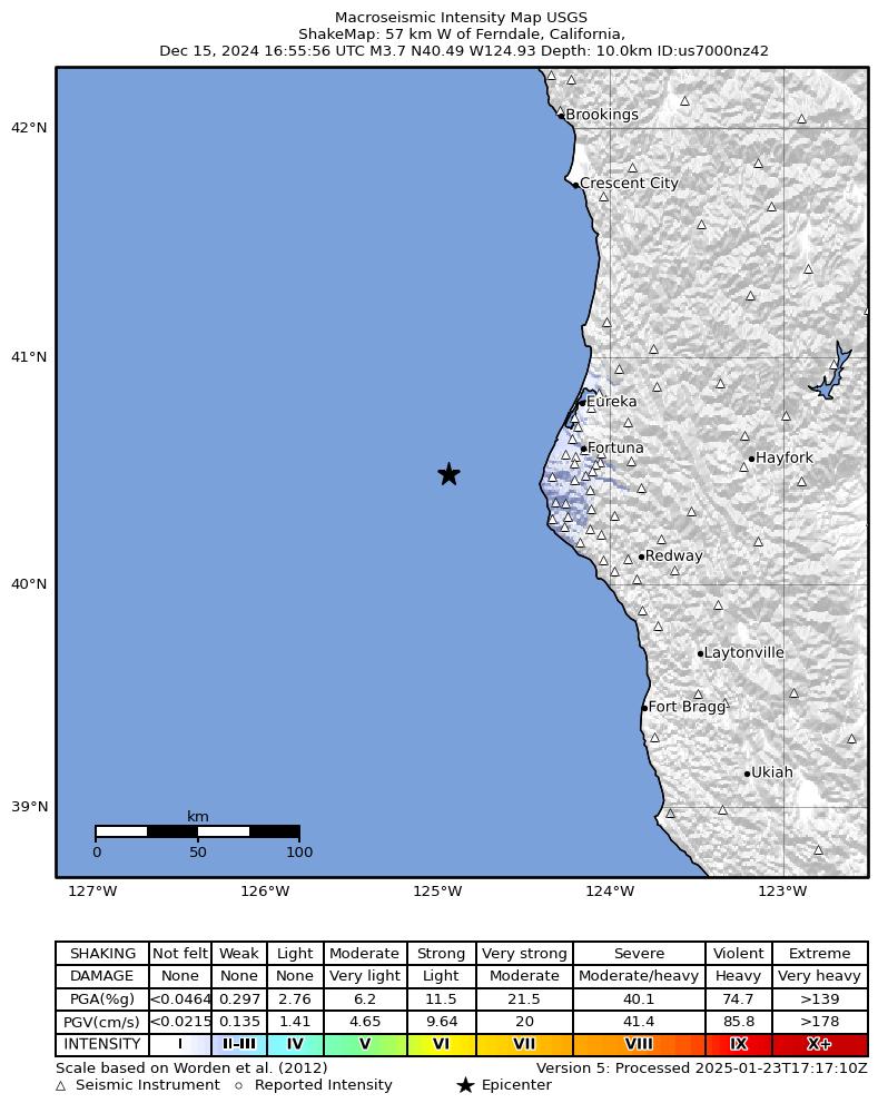 USGS ShakeMap intensity contours for the M3.7 earthquake near 64 km WNW of Petrolia, CA