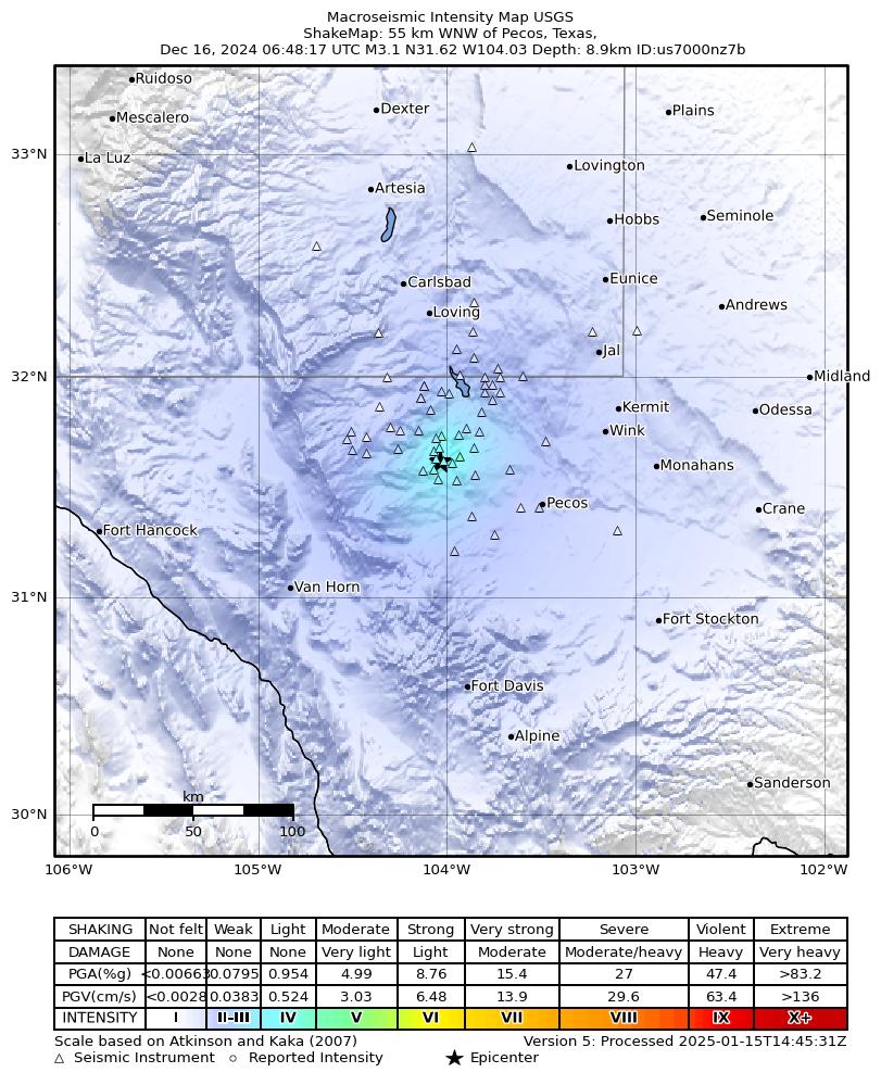 USGS ShakeMap: estimated shaking intensity around the epicenter
