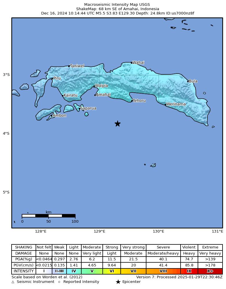 USGS ShakeMap intensity contours for the M5.5 earthquake near 68 km SE of Amahai, Indonesia