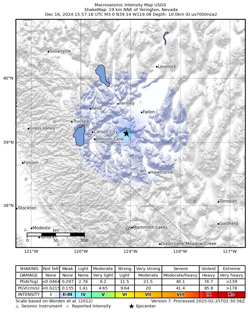 USGS ShakeMap: estimated shaking intensity around the epicenter