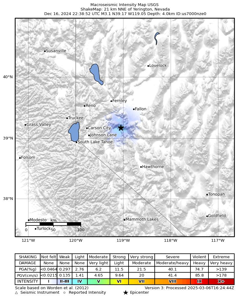 USGS ShakeMap intensity contours for the M3.2 earthquake near 21 km NNE of Yerington, Nevada