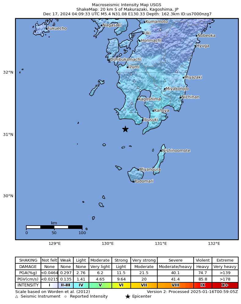 USGS ShakeMap intensity contours for the M5.4 earthquake near 20 km S of Makurazaki, Japan