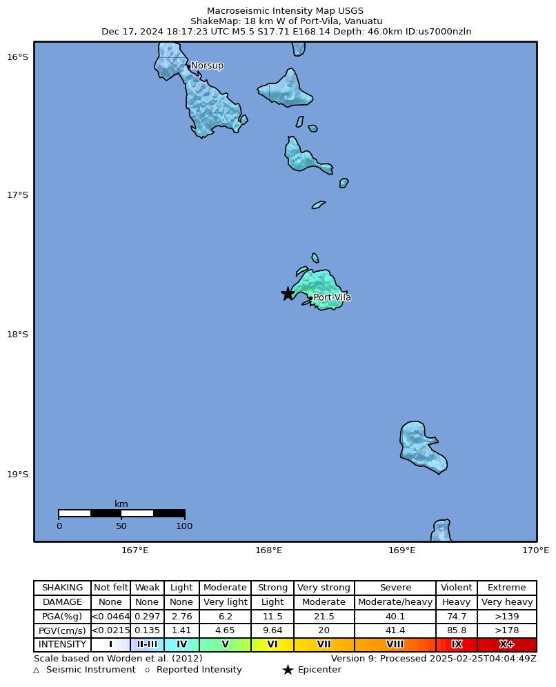 USGS ShakeMap intensity contours for the M5.5 earthquake near 18 km W of Port-Vila, Vanuatu