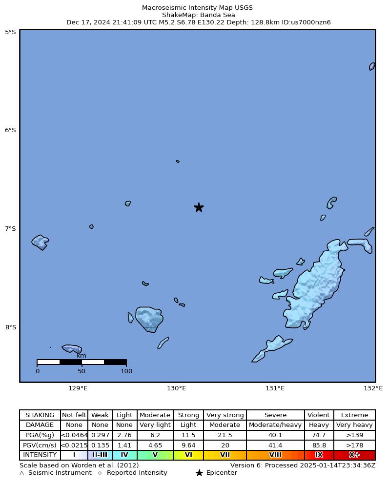 USGS ShakeMap intensity contours for the M5.2 earthquake near Banda Sea