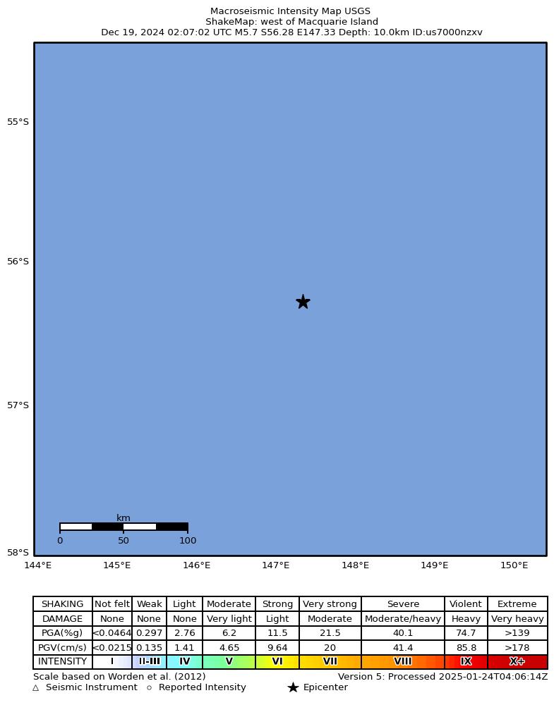 USGS ShakeMap intensity contours for the M5.7 earthquake near west of Macquarie Island