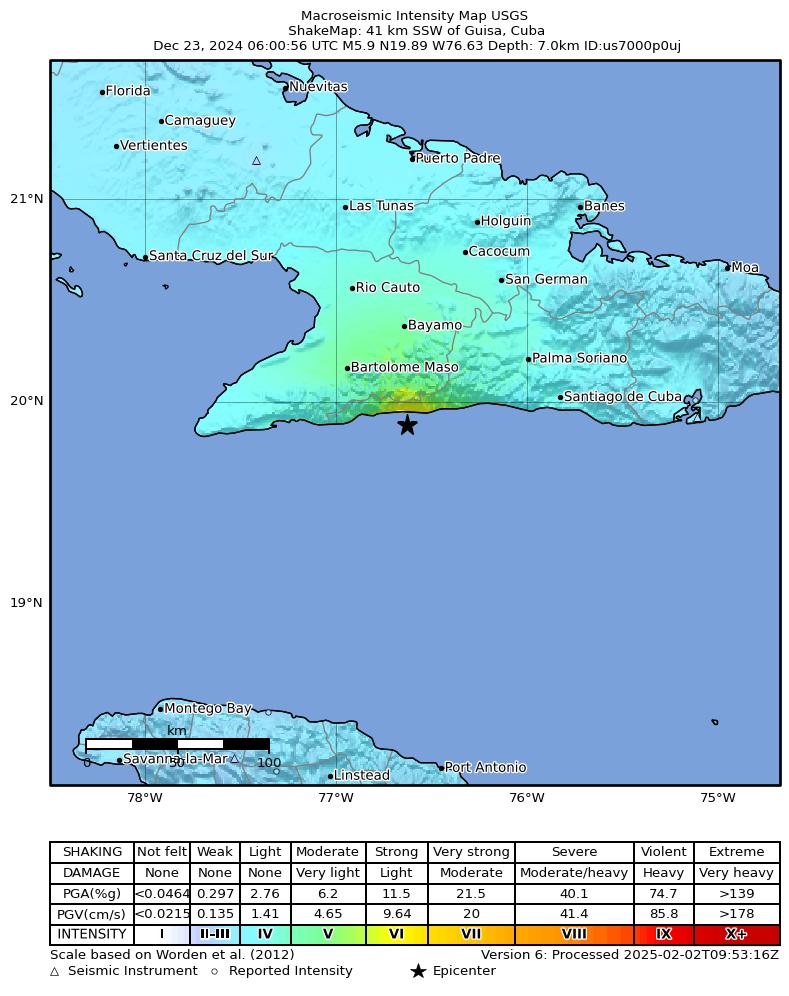 USGS ShakeMap intensity contours for the M5.9 earthquake near 41 km SSW of Guisa, Cuba