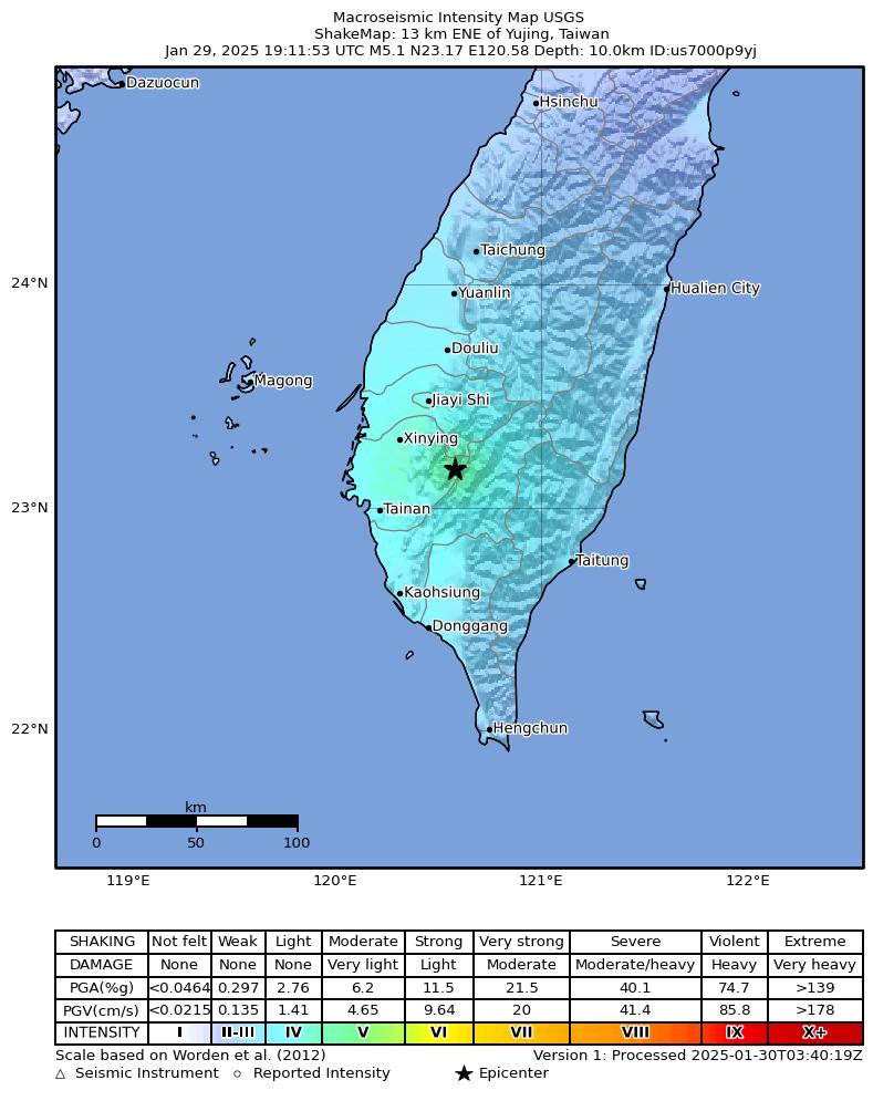 USGS ShakeMap intensity contours for the M5.1 earthquake near 12 km ENE of Yujing, Taiwan