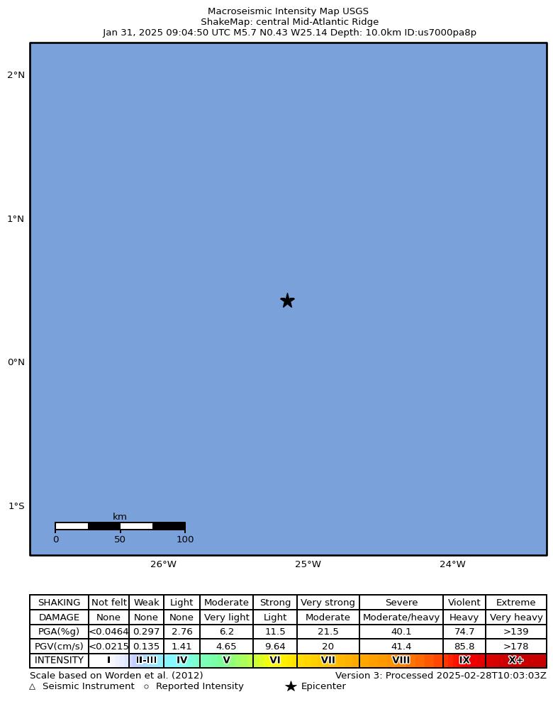 USGS ShakeMap intensity contours for the M5.7 earthquake near central Mid-Atlantic Ridge
