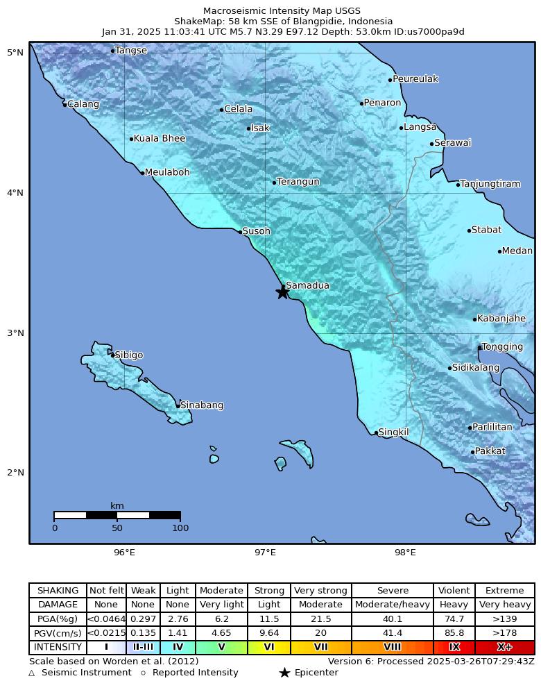 USGS ShakeMap intensity contours for the M5.7 earthquake near 58 km SSE of Blangpidie, Indonesia