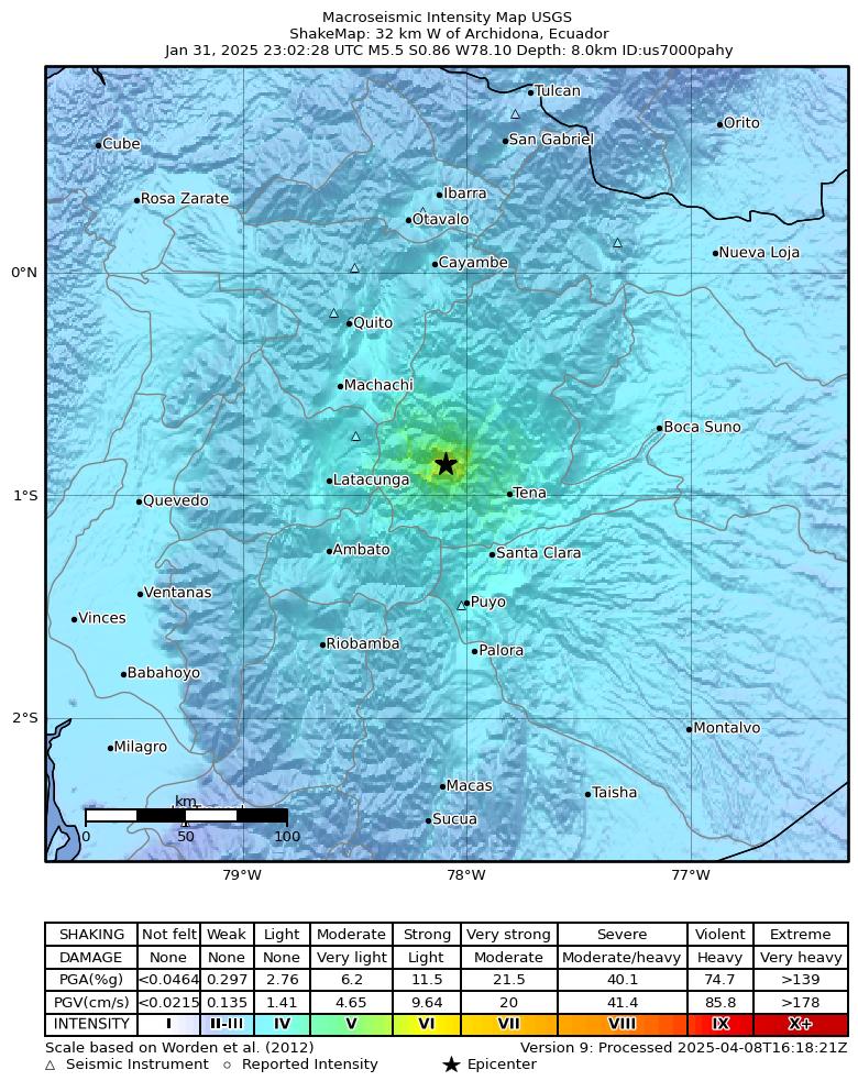 USGS ShakeMap intensity contours for the M5.5 earthquake near 32 km W of Archidona, Ecuador