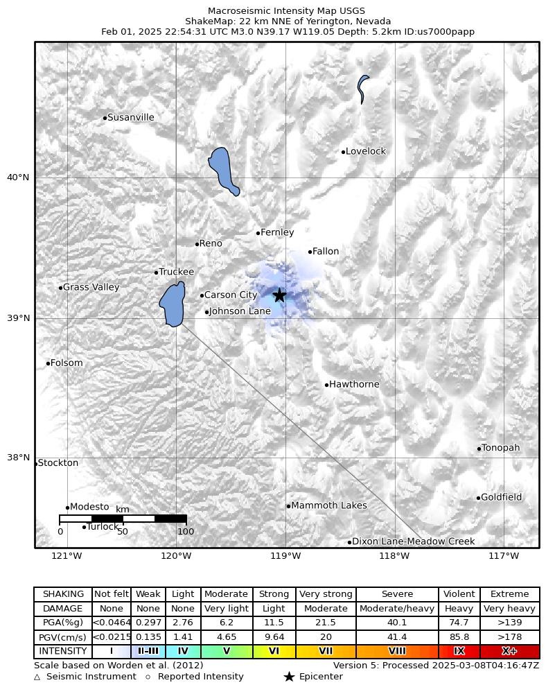 USGS ShakeMap intensity contours for the M3.2 earthquake near 22 km NNE of Yerington, Nevada