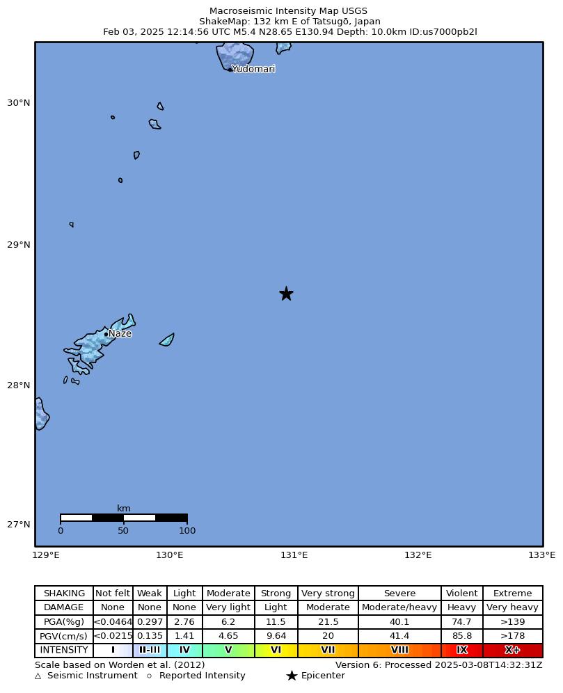 USGS ShakeMap intensity contours for the M5.4 earthquake near 132 km E of Tatsugō, Japan