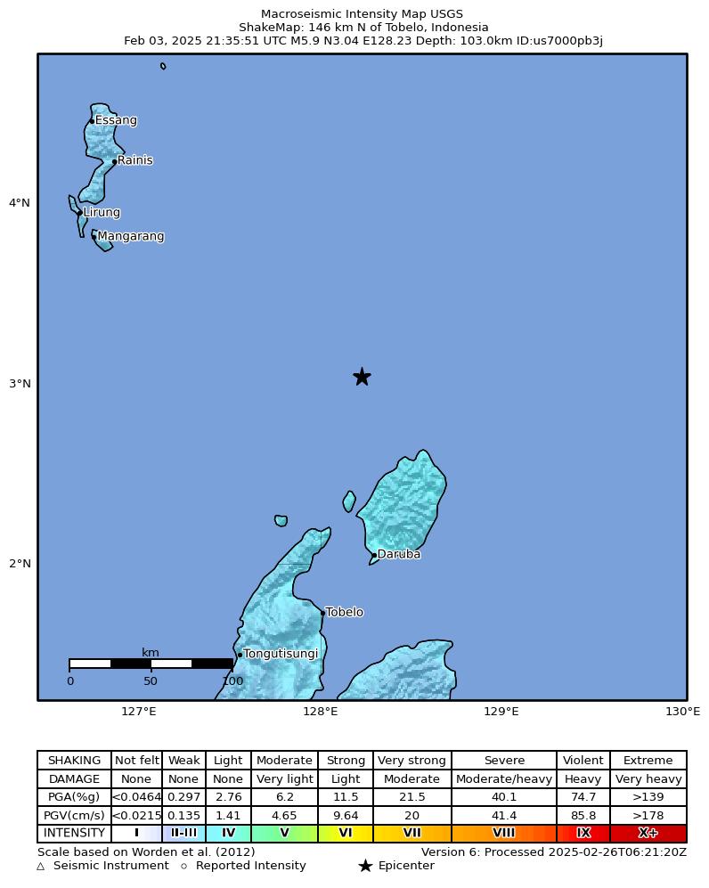 USGS ShakeMap intensity contours for the M5.9 earthquake near 146 km N of Tobelo, Indonesia