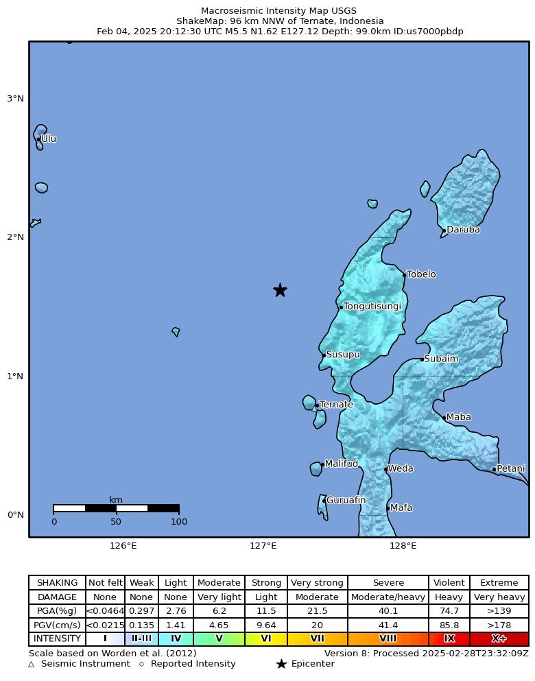 USGS ShakeMap intensity contours for the M5.5 earthquake near 96 km NNW of Ternate, Indonesia