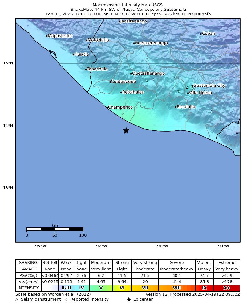 USGS ShakeMap intensity contours for the M5.6 earthquake near 44 km SW of Nueva Concepción, Guatemala