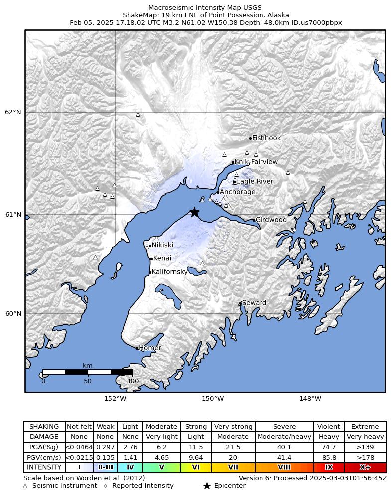 USGS ShakeMap: estimated shaking intensity around the epicenter