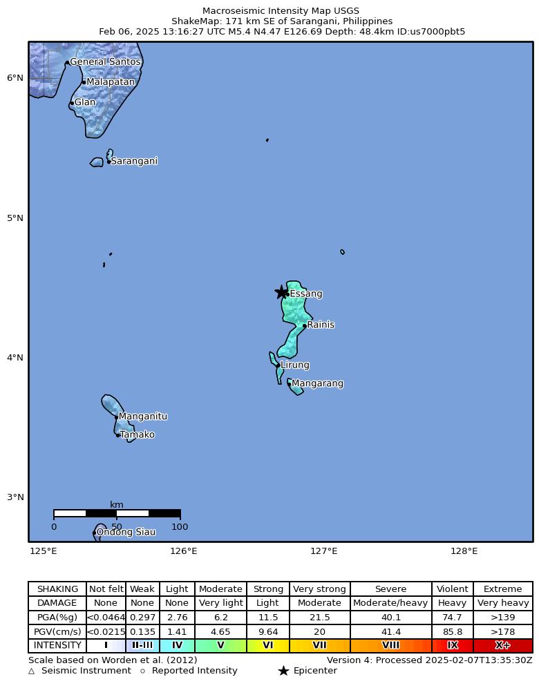 USGS ShakeMap intensity contours for the M5.2 earthquake near 170 km SE of Sarangani, Philippines