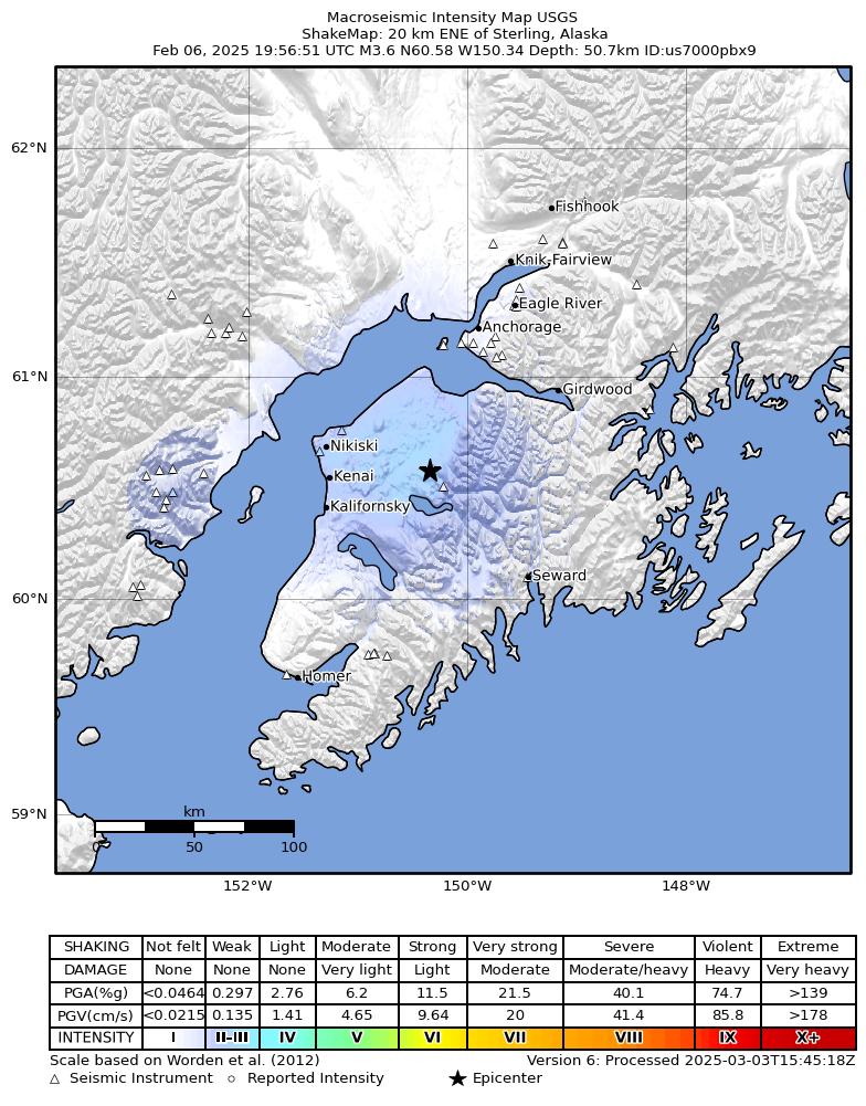USGS ShakeMap intensity contours for the M3.4 earthquake near 20 km ENE of Sterling, Alaska