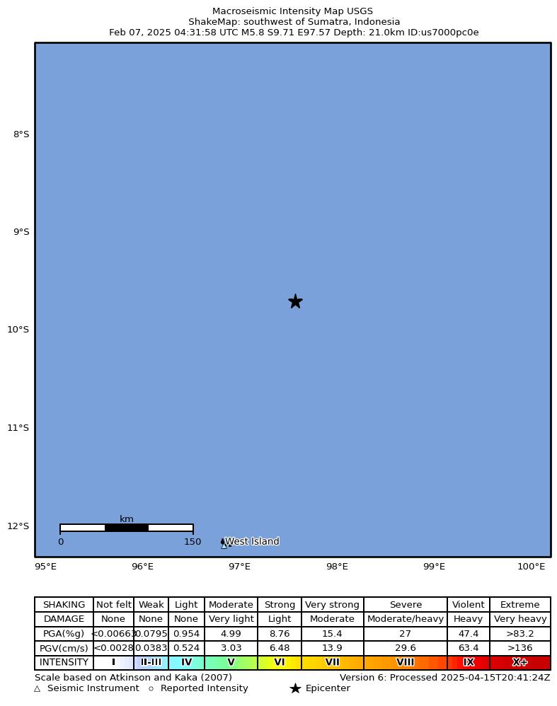 USGS ShakeMap intensity contours for the M5.8 earthquake near southwest of Sumatra, Indonesia