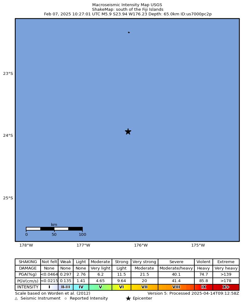 USGS ShakeMap intensity contours for the M5.9 earthquake near south of the Fiji Islands