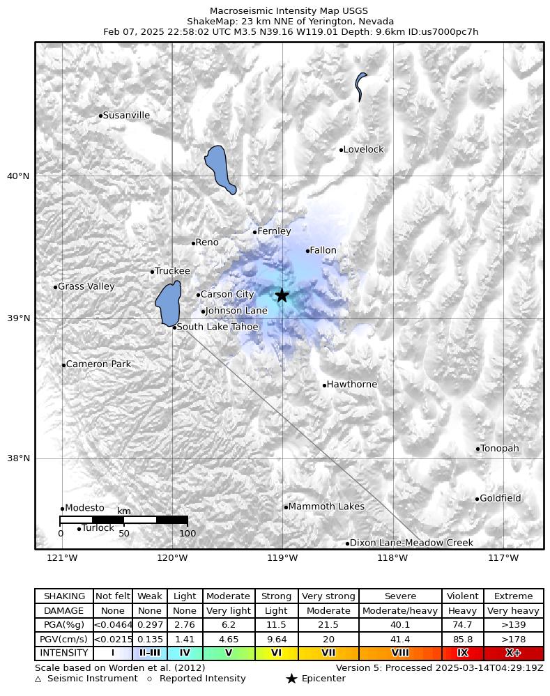 USGS ShakeMap intensity contours for the M3.5 earthquake near 23 km NNE of Yerington, Nevada