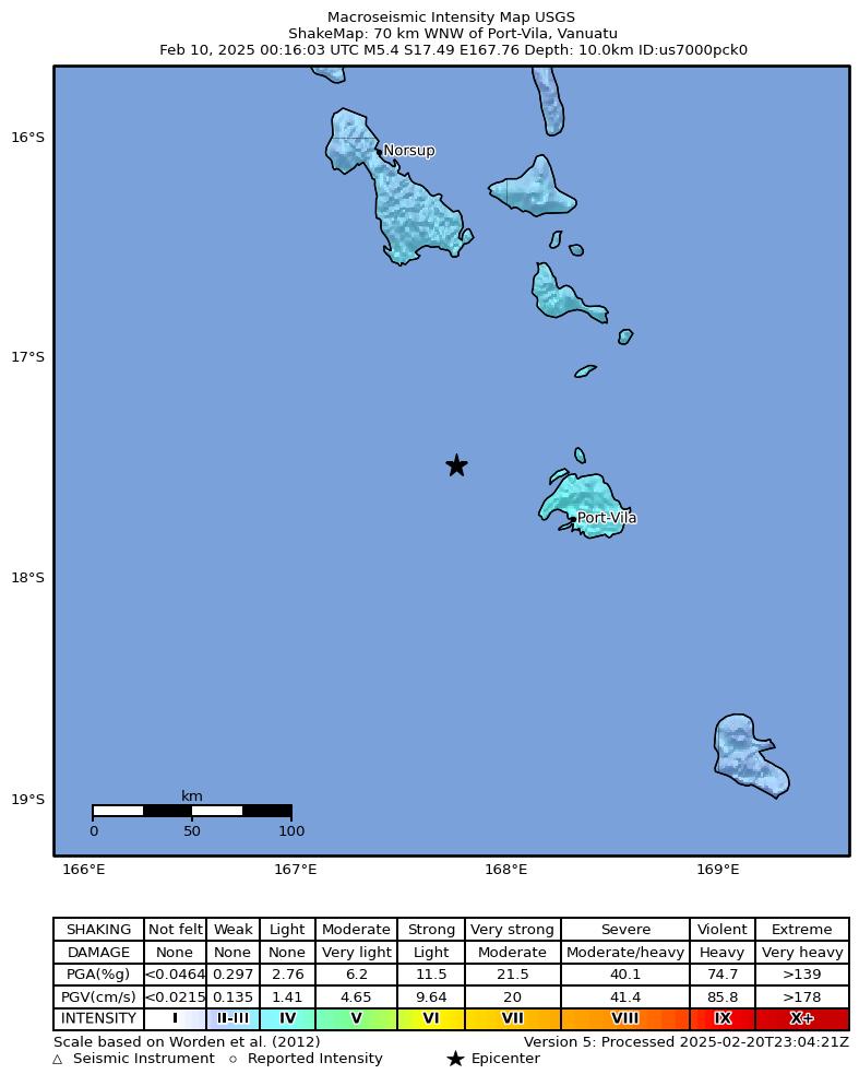 USGS ShakeMap intensity contours for the M5.3 earthquake near 70 km WNW of Port-Vila, Vanuatu