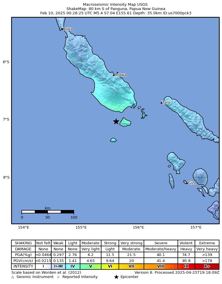 USGS ShakeMap intensity contours for the M5.4 earthquake near 80 km S of Panguna, Papua New Guinea